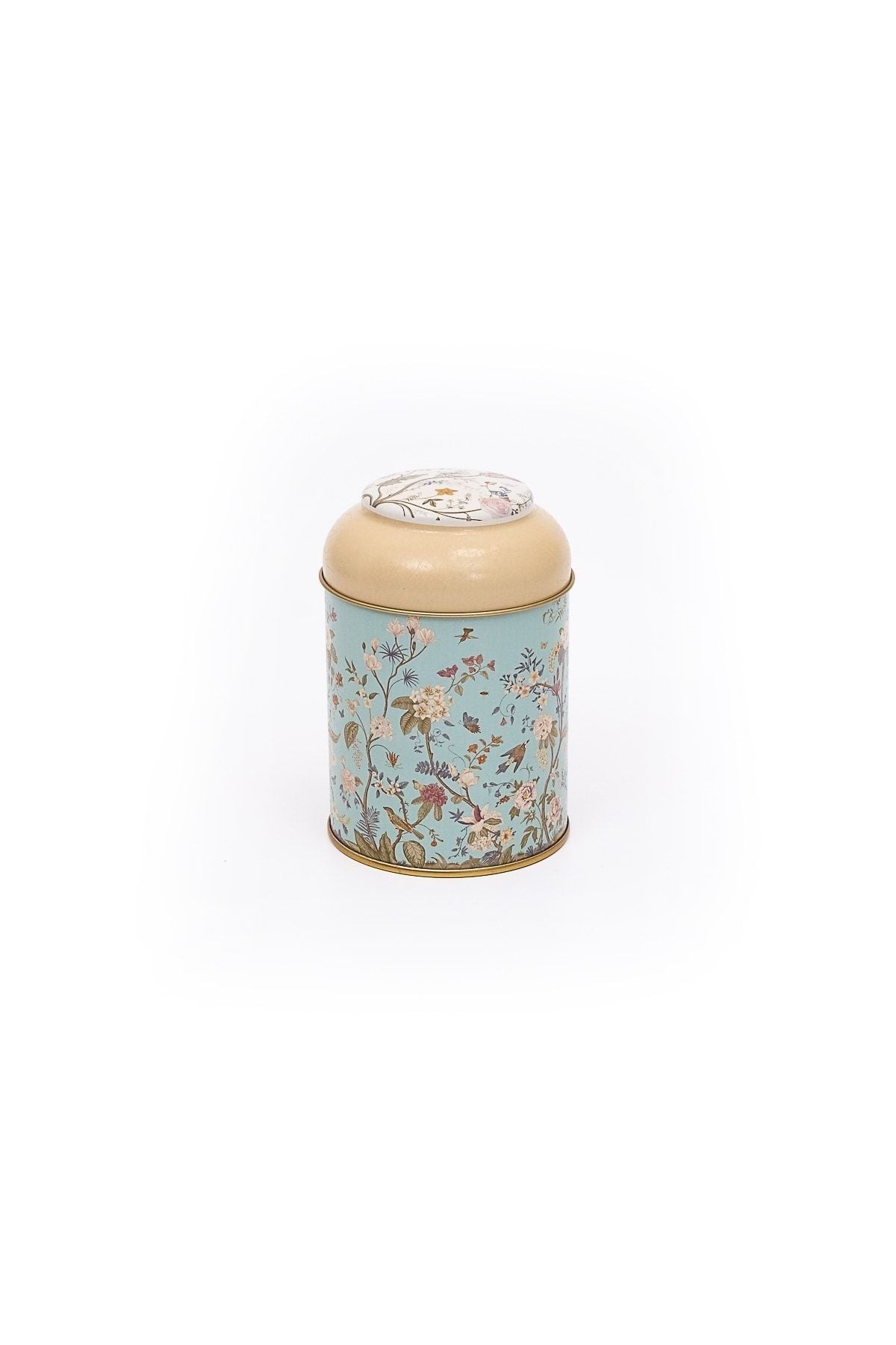 Flora Blue Desenli Yuvarlak Metal Saklama Kabı, 9 x 11 cm, 0,6 lt