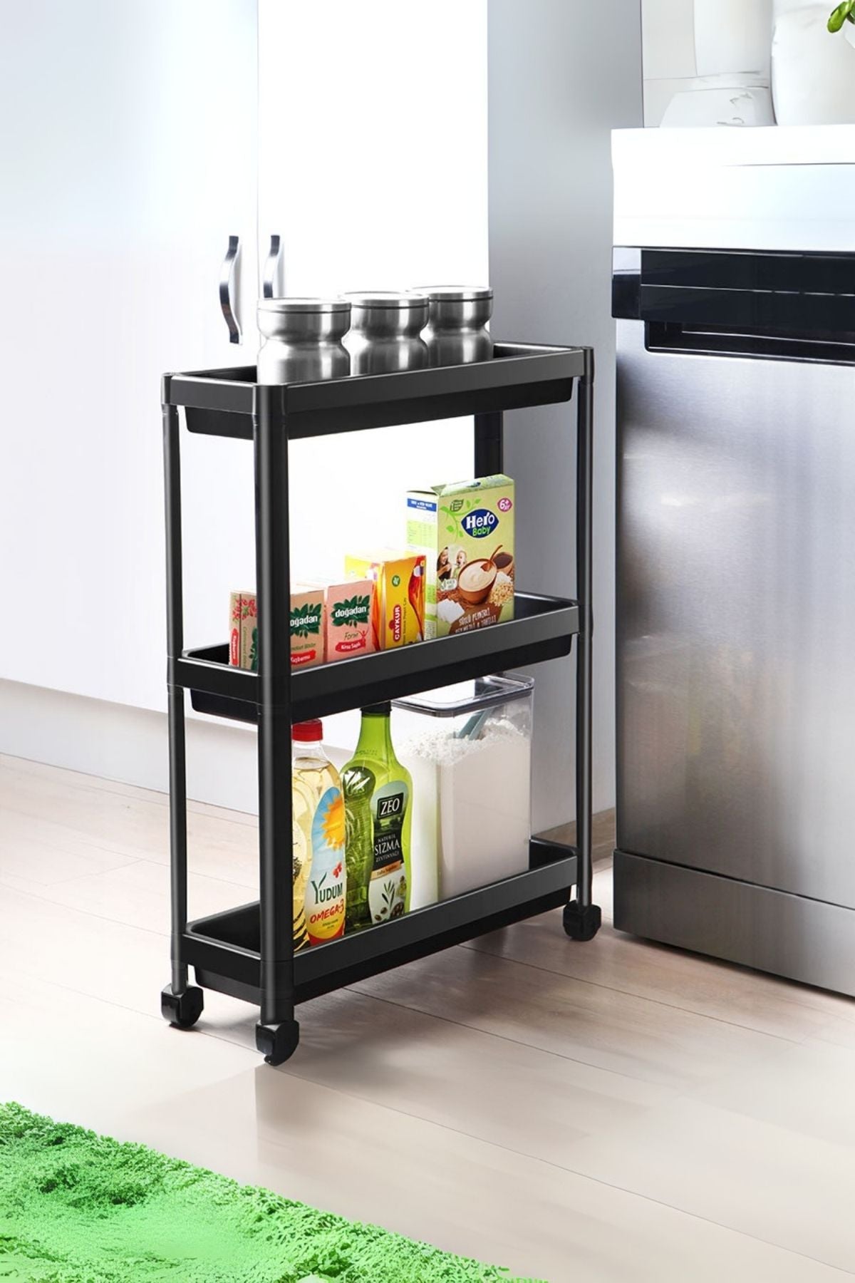 Omaş 3 Katlı Tekerlekli Siyah Mutfak Rafı, Kitaplık, Düzenleyici Açık Dolap