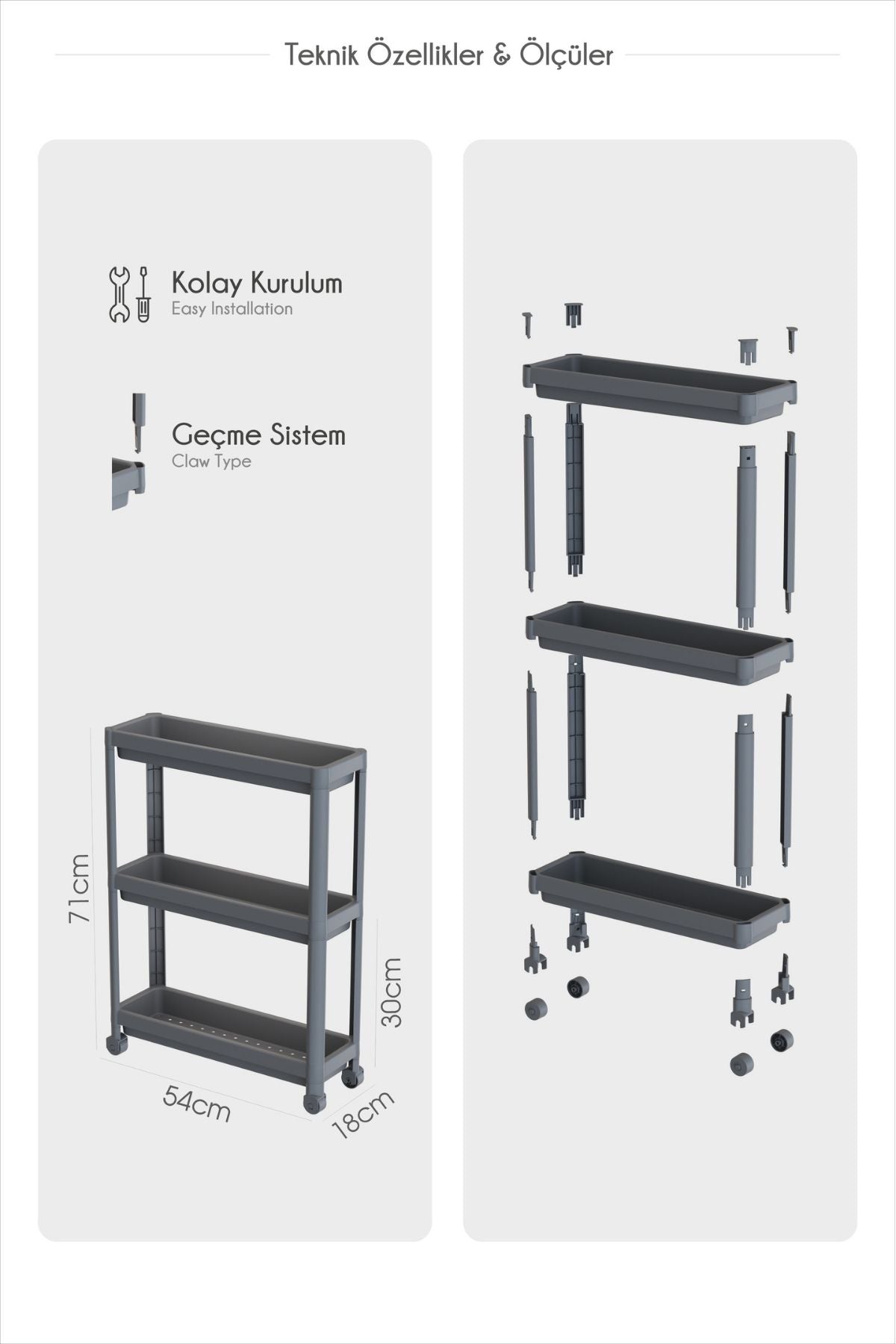 Omaş 3 Katlı Tekerlekli Slim Raf Ünitesi, Mutfak Rafı, Banyo Rafı
