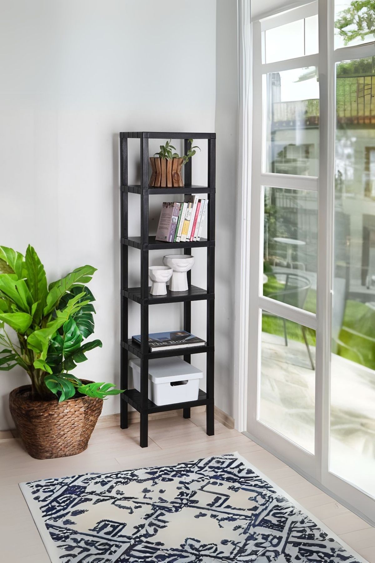 Omaş 6 Katlı Dikey Raf Düzenleyici Plastik Raf Ünitesi Siyah, Kitaplık, Banyo, Mutfak Rafı, Siyah