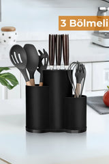 3 Bölmeli Tezgah Üstü Kaşıklık, Bıçak Standı, Siyah