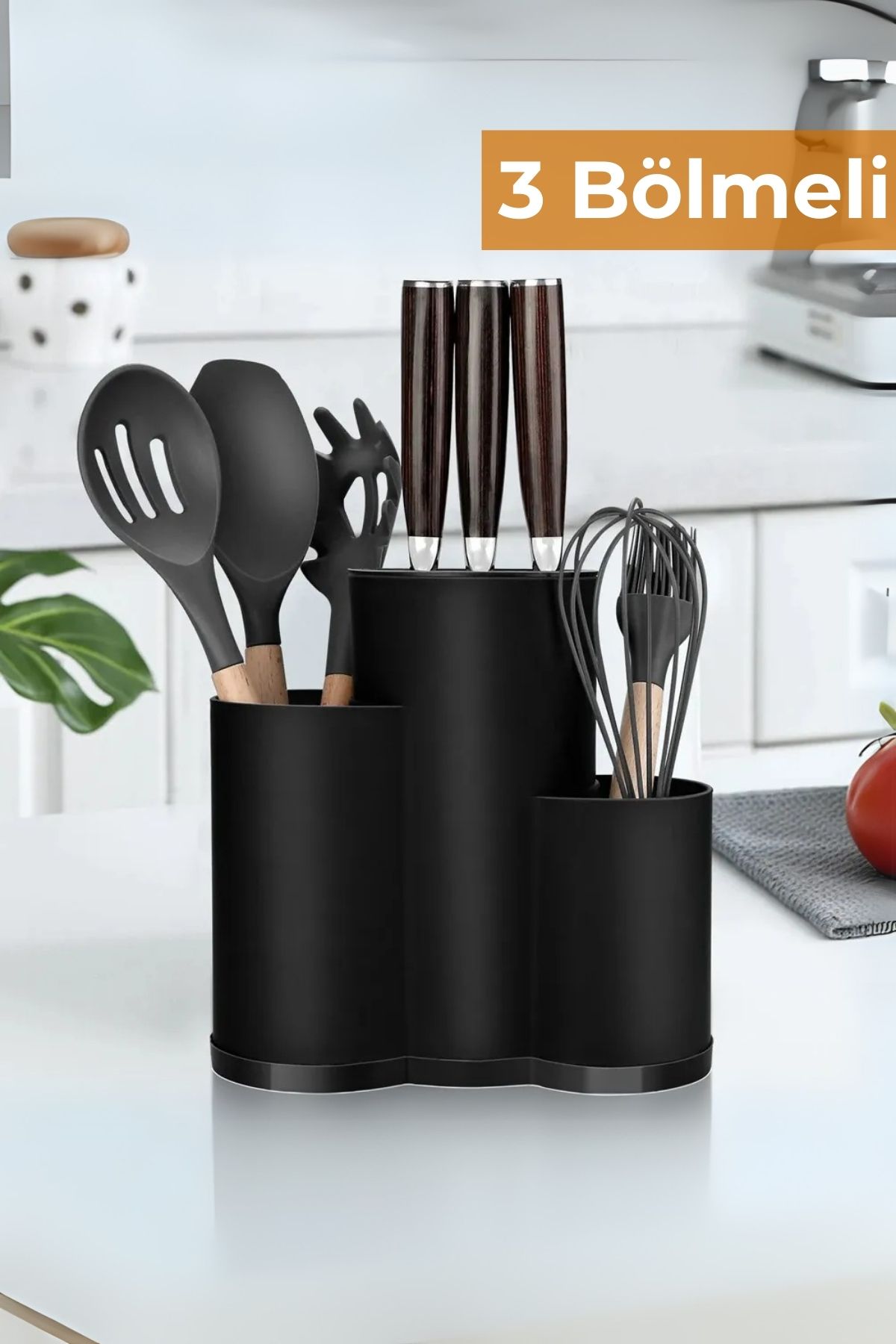 3 Bölmeli Tezgah Üstü Kaşıklık, Bıçak Standı, Siyah