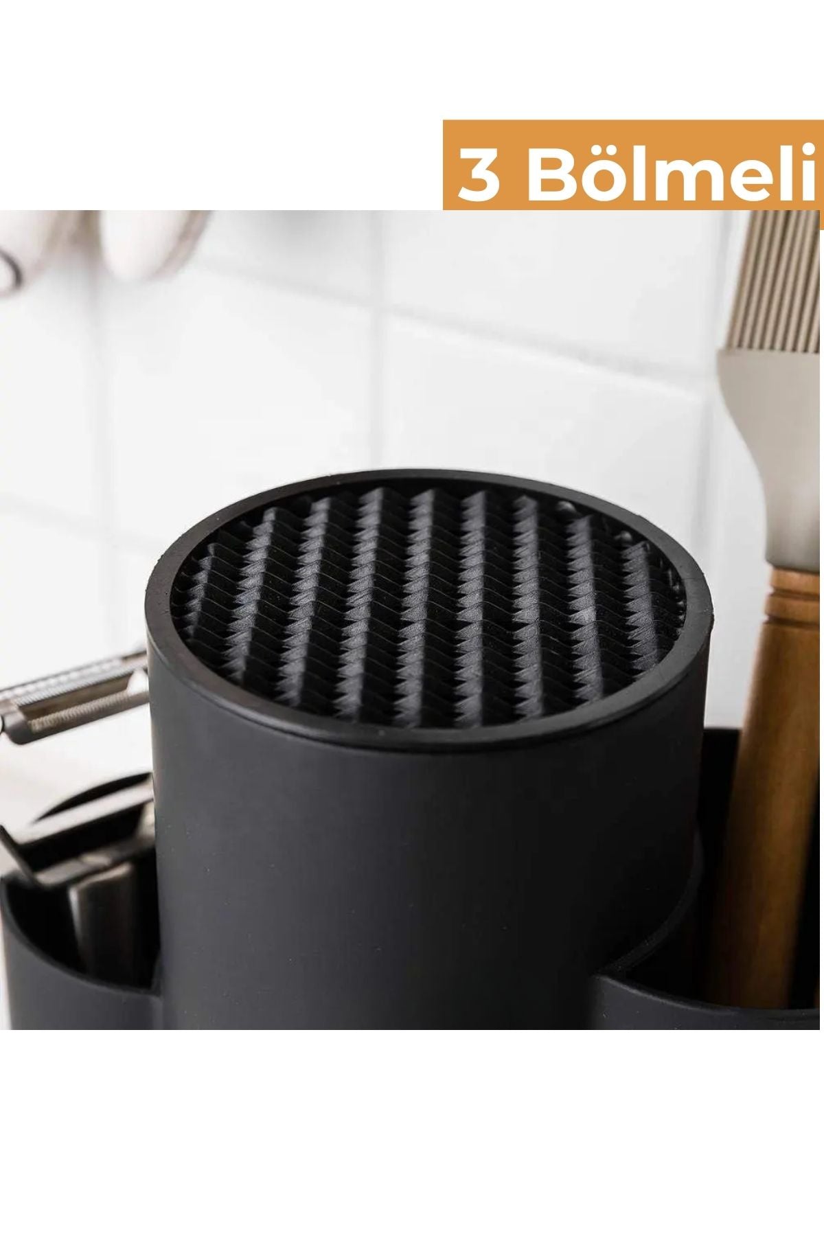 3 Bölmeli Tezgah Üstü Kaşıklık, Bıçak Standı, Siyah