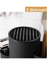 3 Bölmeli Tezgah Üstü Kaşıklık, Bıçak Standı, Siyah