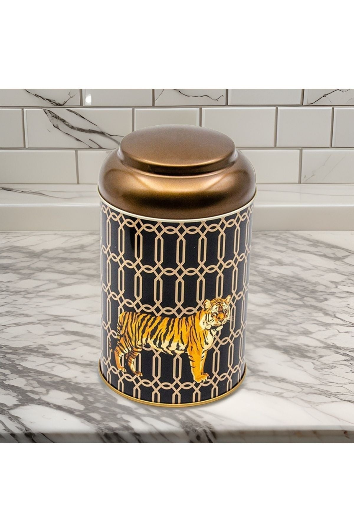 Tiger Desenli Yuvarlak Metal Saklama Kabı, 10,5 x 15 cm, 1,1 lt