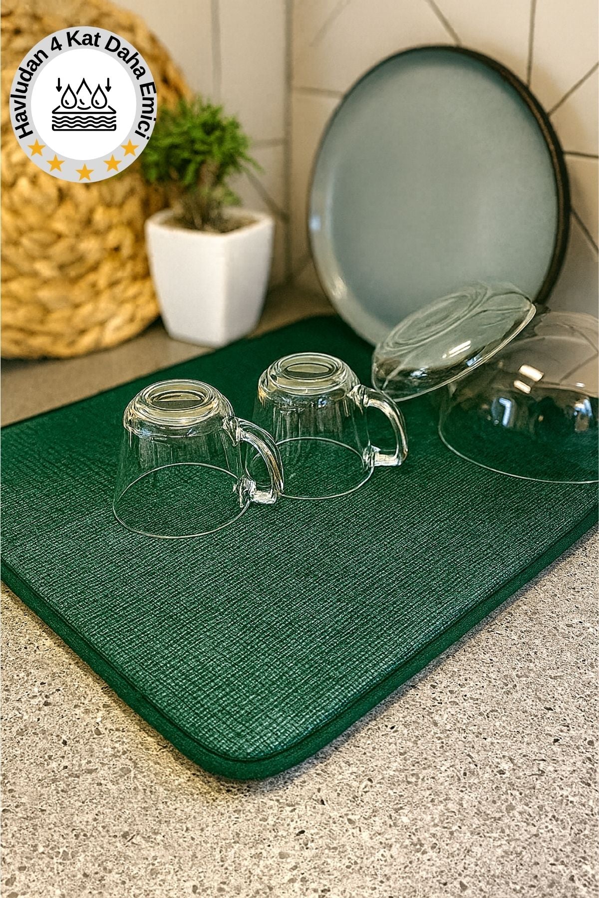 Süper Emici Bulaşık Kurutma Matı, Tezgah Üstü Bulaşıklık, Yeşil