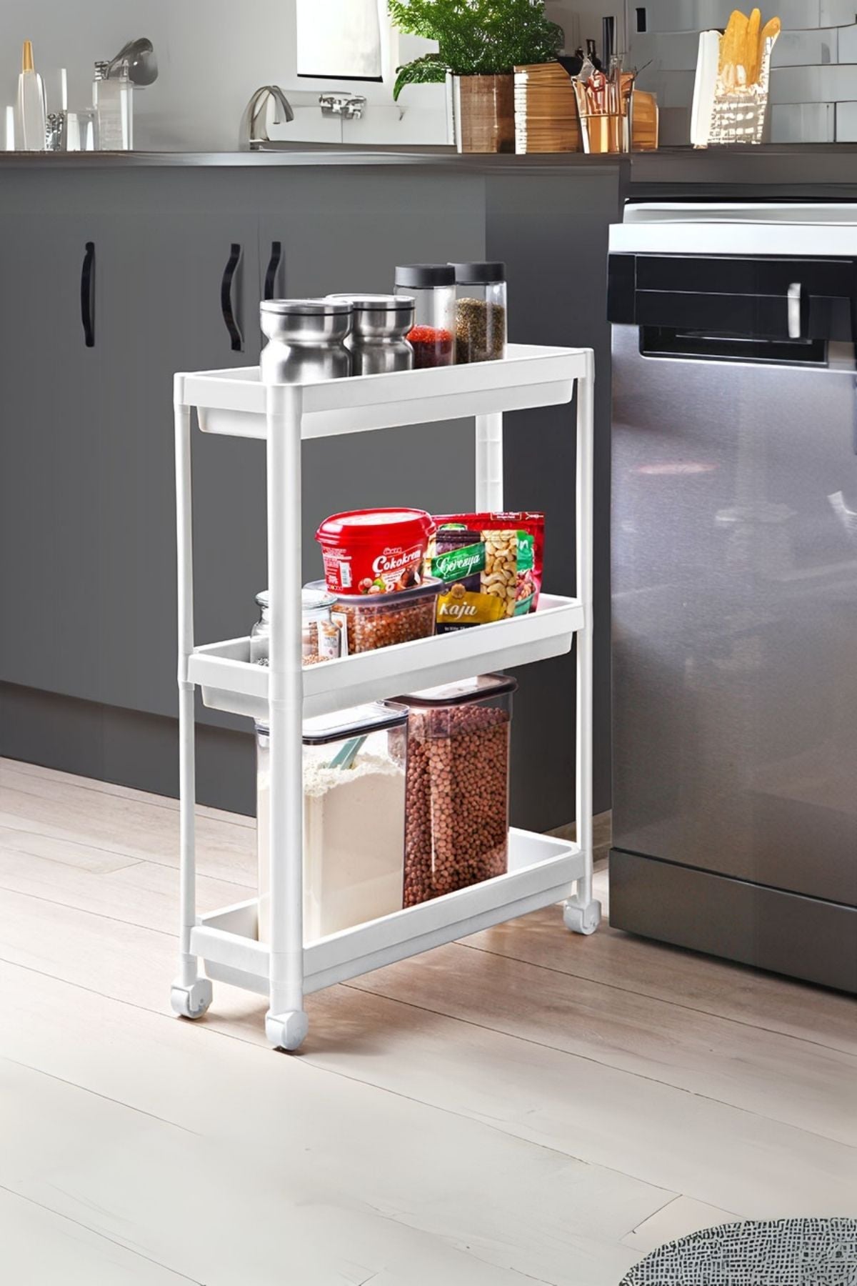 Omaş 3 Katlı Tekerlekli Beyaz Mutfak Rafı, Kitaplık, Düzenleyici Açık Dolap