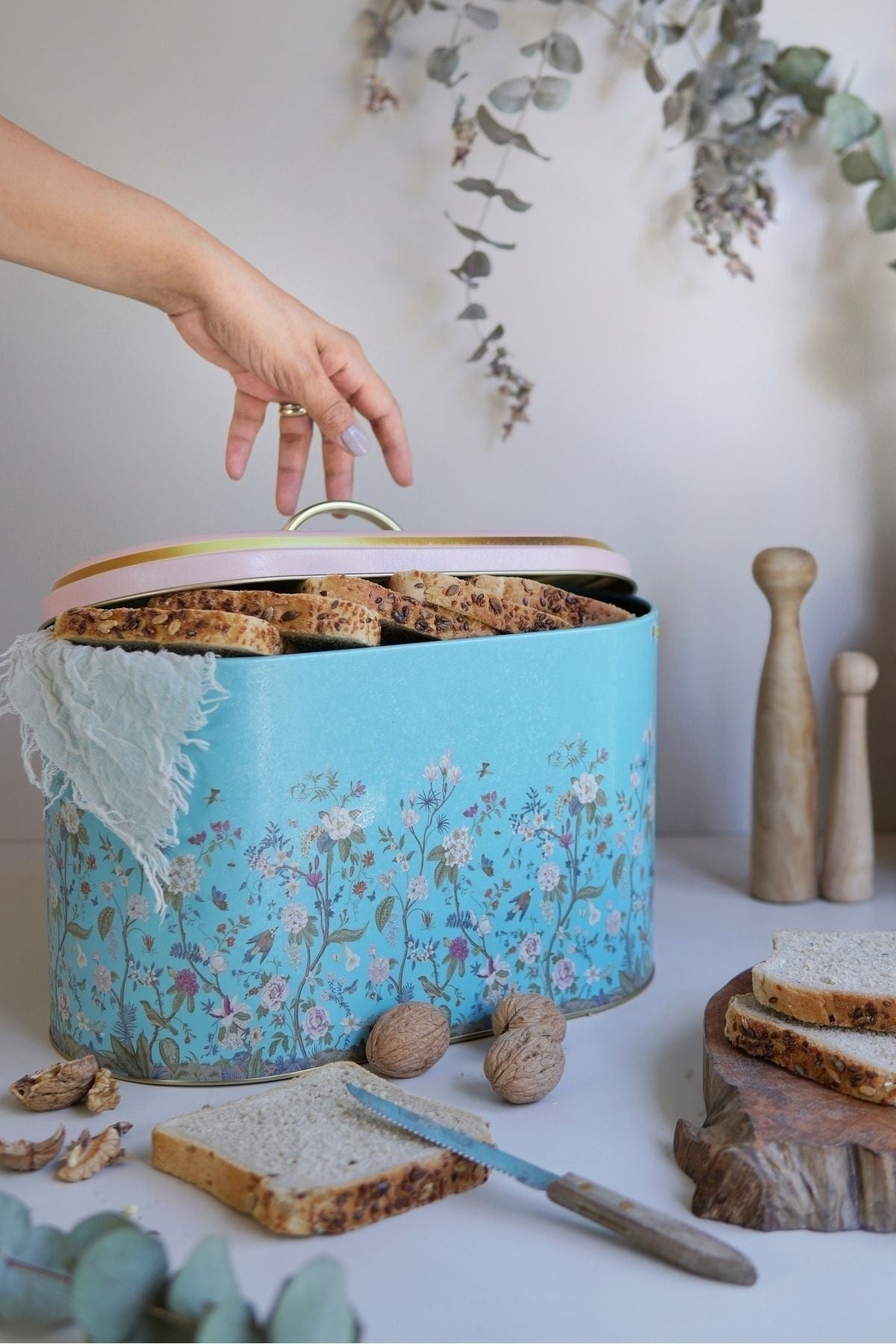 Flora Desenli Oval Ekmek Kutusu, Metal Ekmeklik, Ekmek Sepeti, 10,4 lt