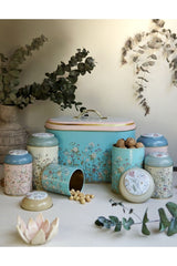 Flora Desenli 7 Parça Metal Kavanoz ve Ekmeklik Seti