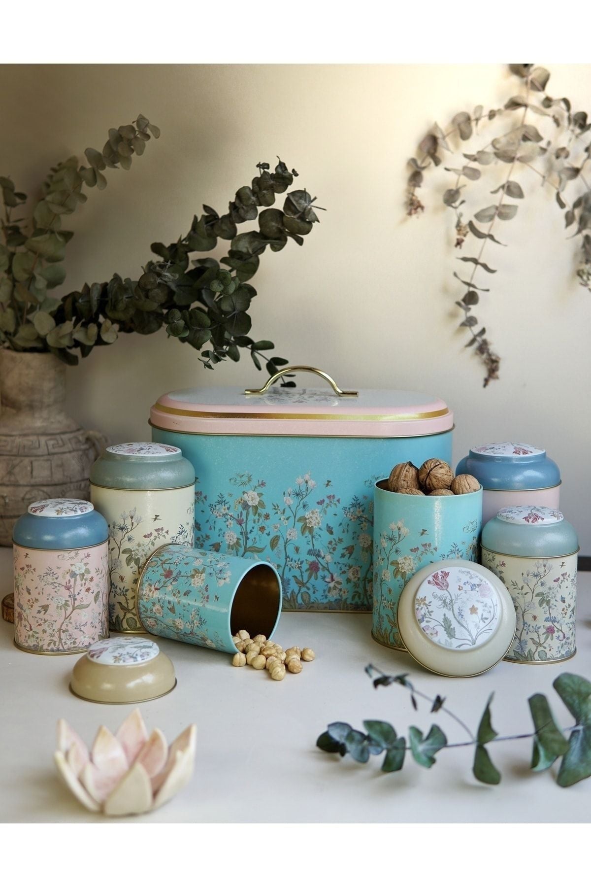 Flora Desenli 7 Parça Metal Kavanoz ve Ekmeklik Seti