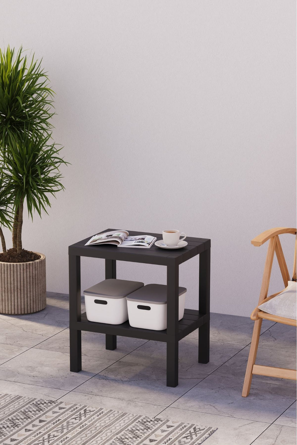 Omaş 2 Katlı Dikey Raf, Plastik Sehpa, Çiçeklik, Saksılık, Banyo Mutfak Rafı, Siyah