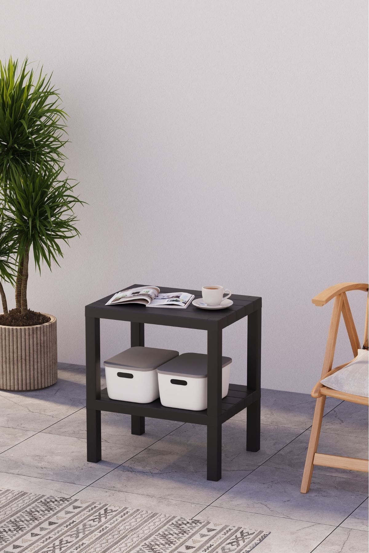 Omaş 2 Katlı Dikey Raf, Plastik Sehpa, Çiçeklik, Saksılık, Banyo Mutfak Rafı, Siyah