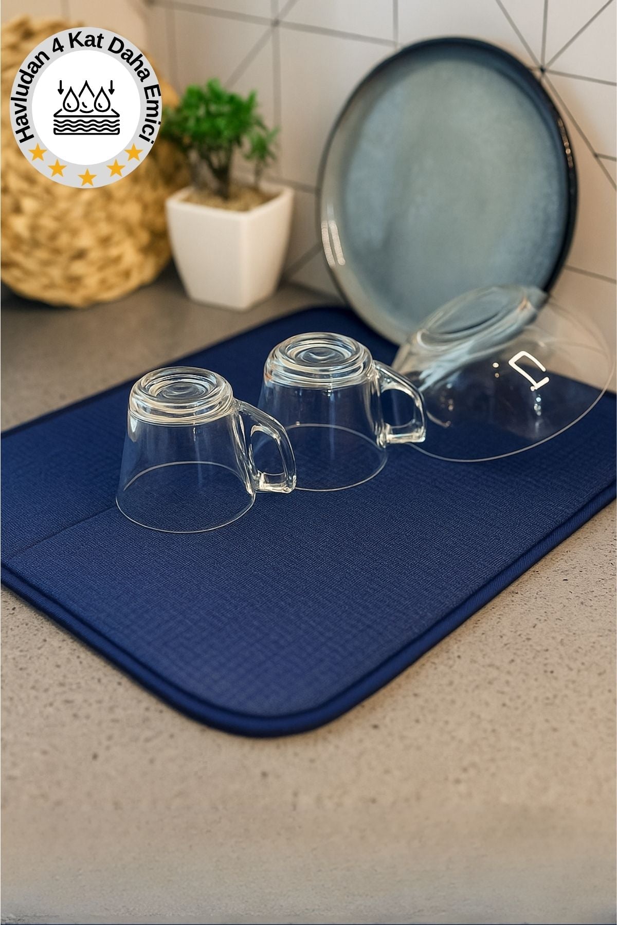 Süper Emici Bulaşık Kurutma Matı, Tezgah Üstü Bulaşıklık, Lacivert