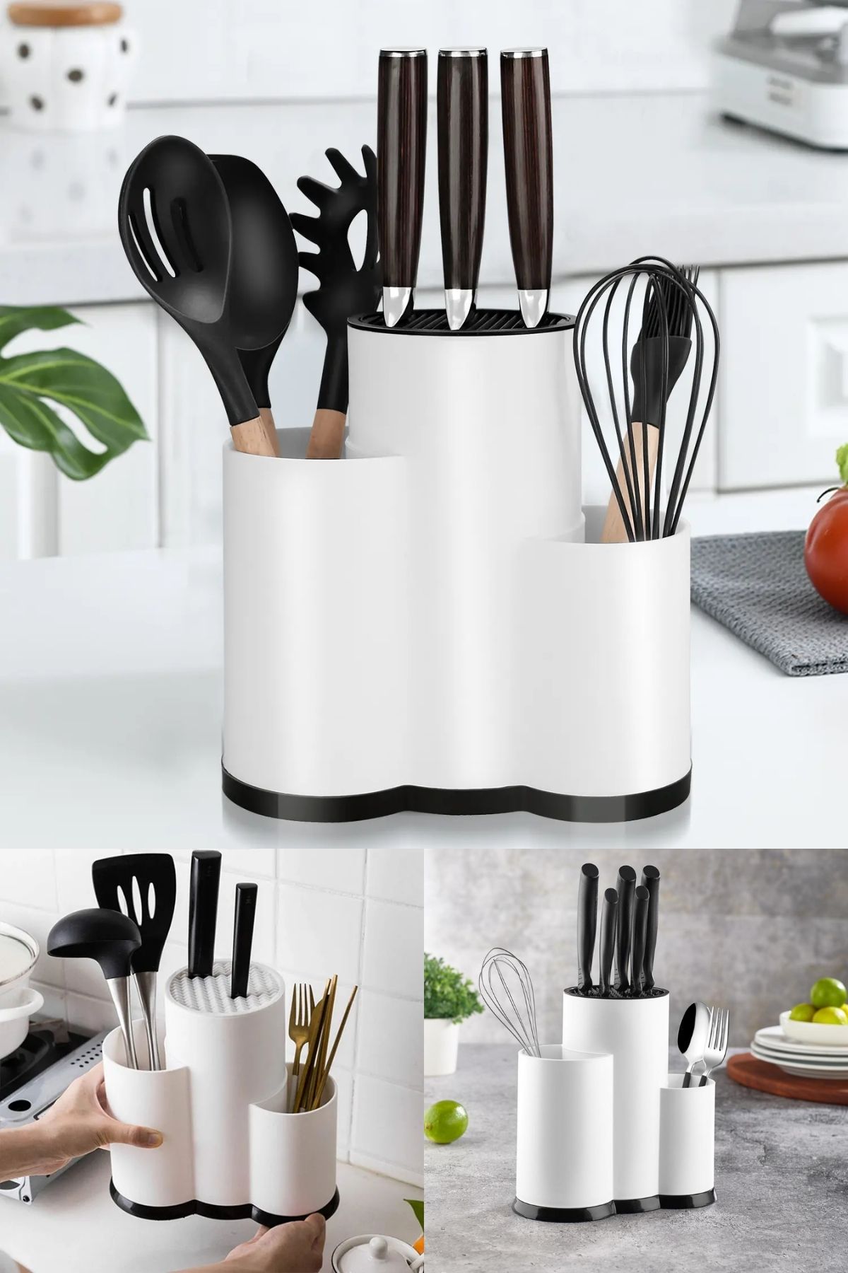 3 Bölmeli Tezgah Üstü Kaşıklık, Bıçak Standı, Beyaz