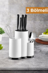 3 Bölmeli Tezgah Üstü Kaşıklık, Bıçak Standı, Beyaz