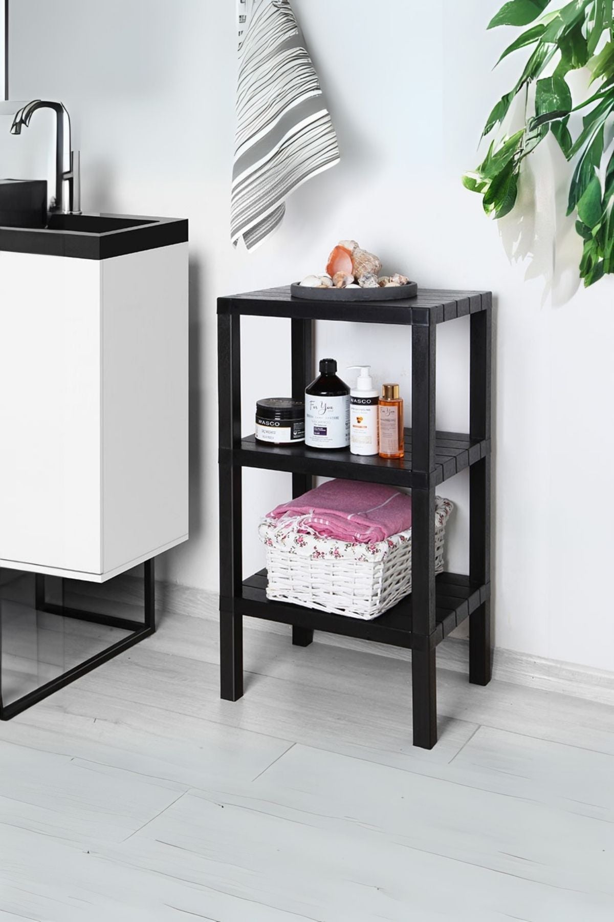 Omaş 3 Raflı Dikey Raf Düzenleyici Plastik Raf Ünitesi Siyah, Kitaplık, Banyo, Mutfak Rafı, Siyah