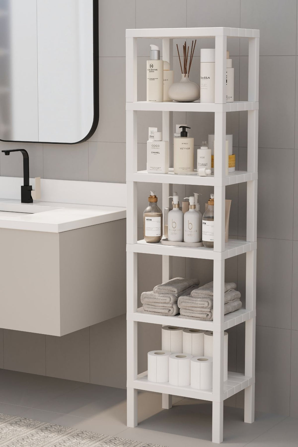 Omaş 6 Katlı Dikey Raf Düzenleyici Plastik Raf Ünitesi Beyaz, Kitaplık, Banyo, Mutfak Rafı, Beyaz