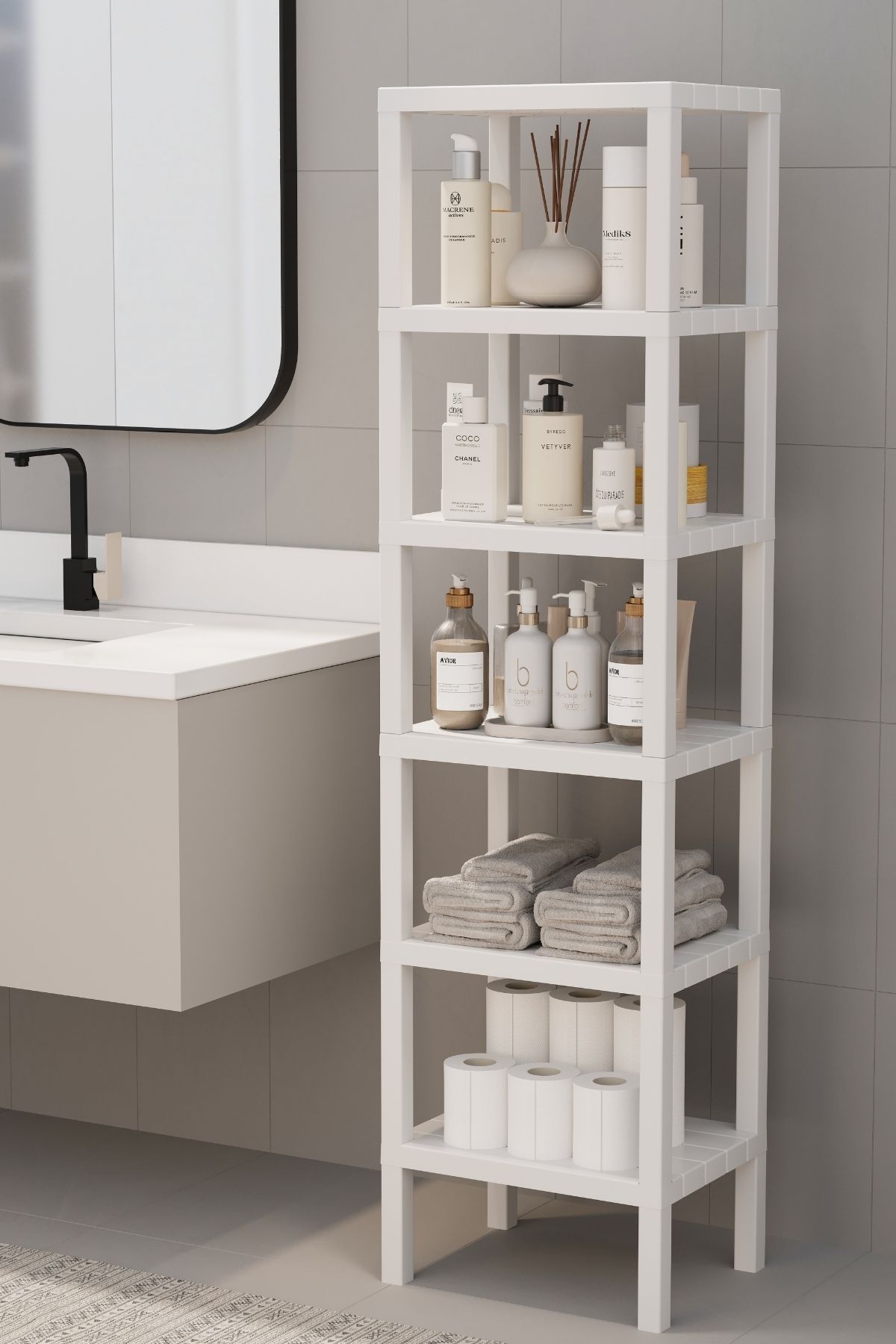 Omaş 6 Katlı Dikey Raf Düzenleyici Plastik Raf Ünitesi Beyaz, Kitaplık, Banyo, Mutfak Rafı, Beyaz
