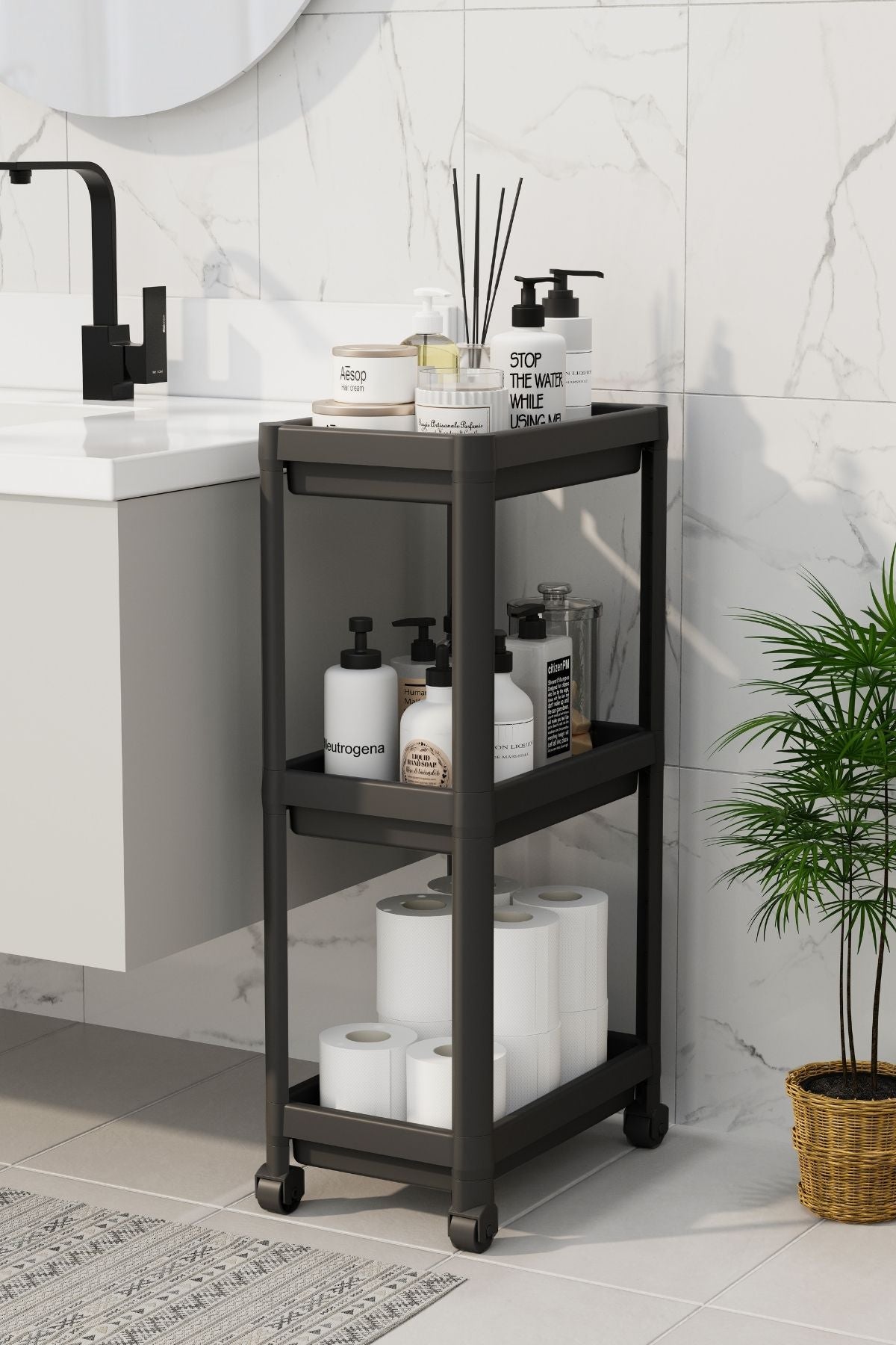 3 Katlı Tekerlekli Mutfak Rafı, Terek, Banyo Rafı, Siyah