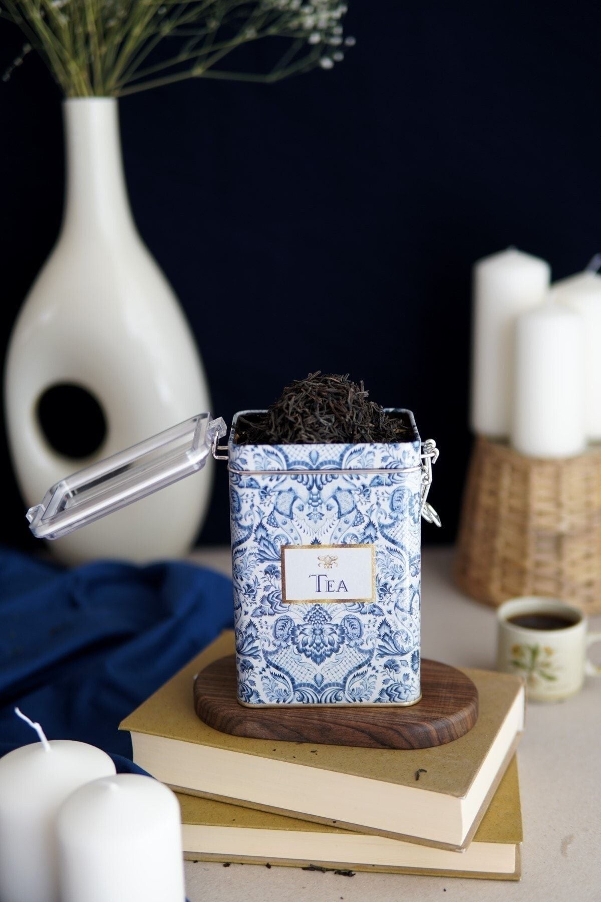 Lisbon Desenli Tea, Coffee, Sugar Şeffaf Kapaklı Metal Saklama Kabı 3'lü Set, 7,5 x 10 x 15 cm, 1 lt