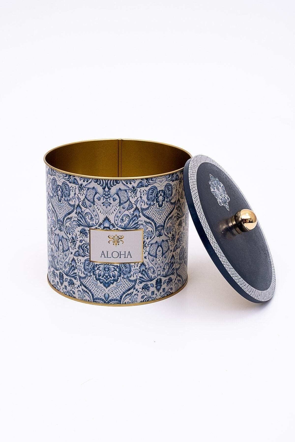 Lisbon Desenli Yuvarlak Metal Saklama Kabı Organizer Kutu 17,5 x 15,5 cm