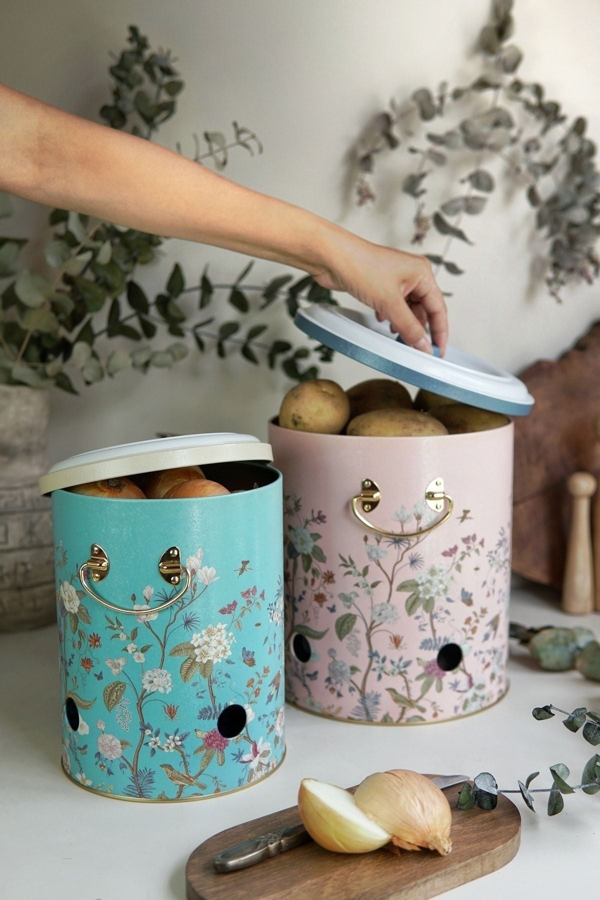 Flora Desenli Metal Sebzelik Seti, Patateslik, Soğanlık 2'li Set