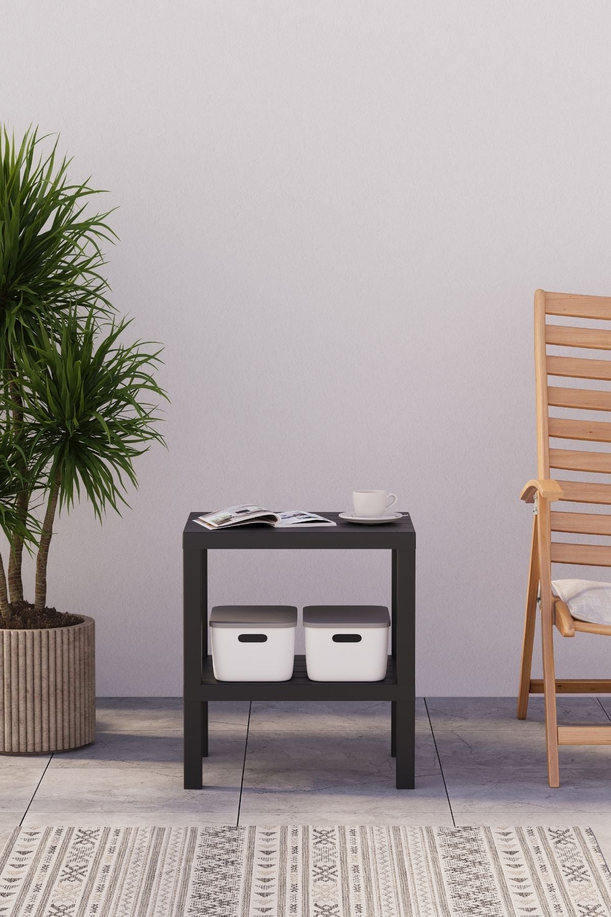 Omaş 2 Katlı Dikey Raf, Plastik Sehpa, Çiçeklik, Saksılık, Banyo Mutfak Rafı, Siyah