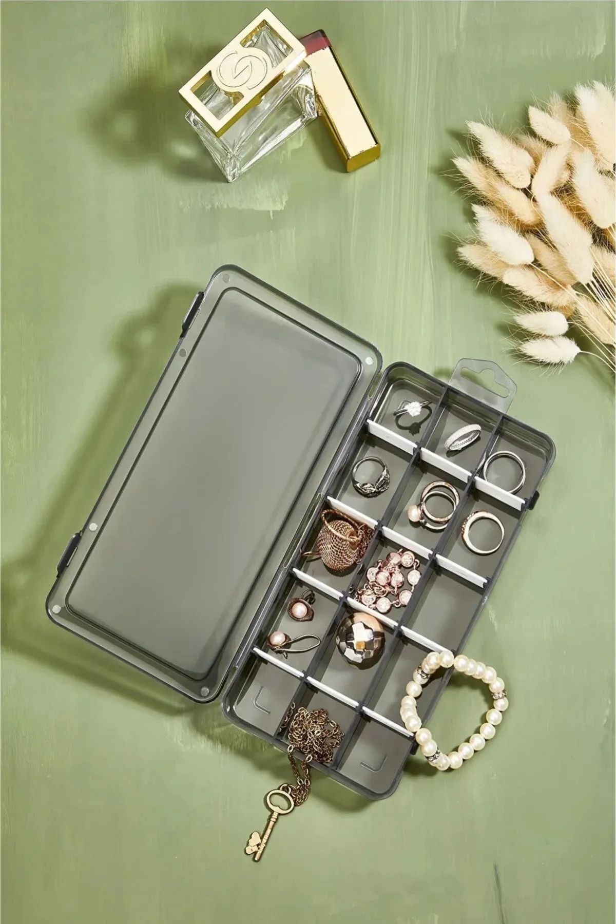 15 Bölmeli Takı, Aksesuar, Küpe Saklama Organizeri 20 x 10 cm Antrasit