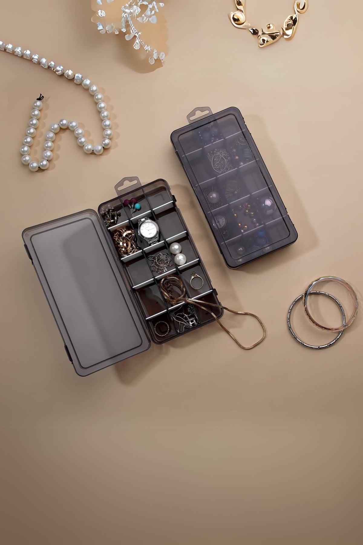 15 Bölmeli Takı, Aksesuar, Küpe Saklama Organizeri 20 x 10 cm Antrasit