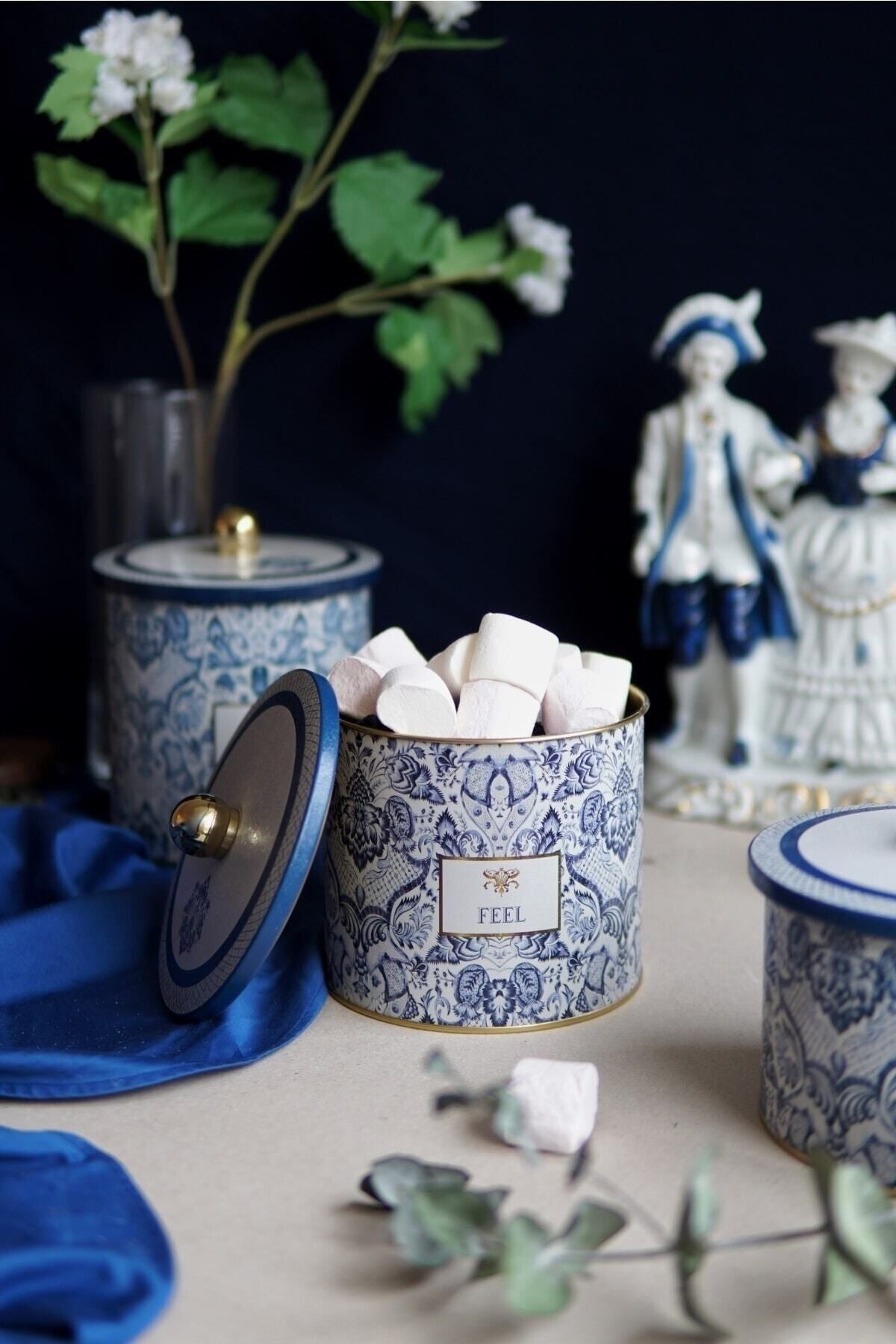 Lisbon Desenli Yuvarlak Metal Saklama Kabı Organizer Kutu 14 x 12,5 cm