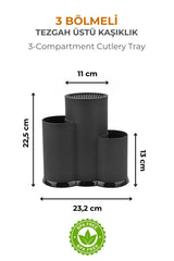 3 Bölmeli Tezgah Üstü Kaşıklık, Bıçak Standı, Siyah