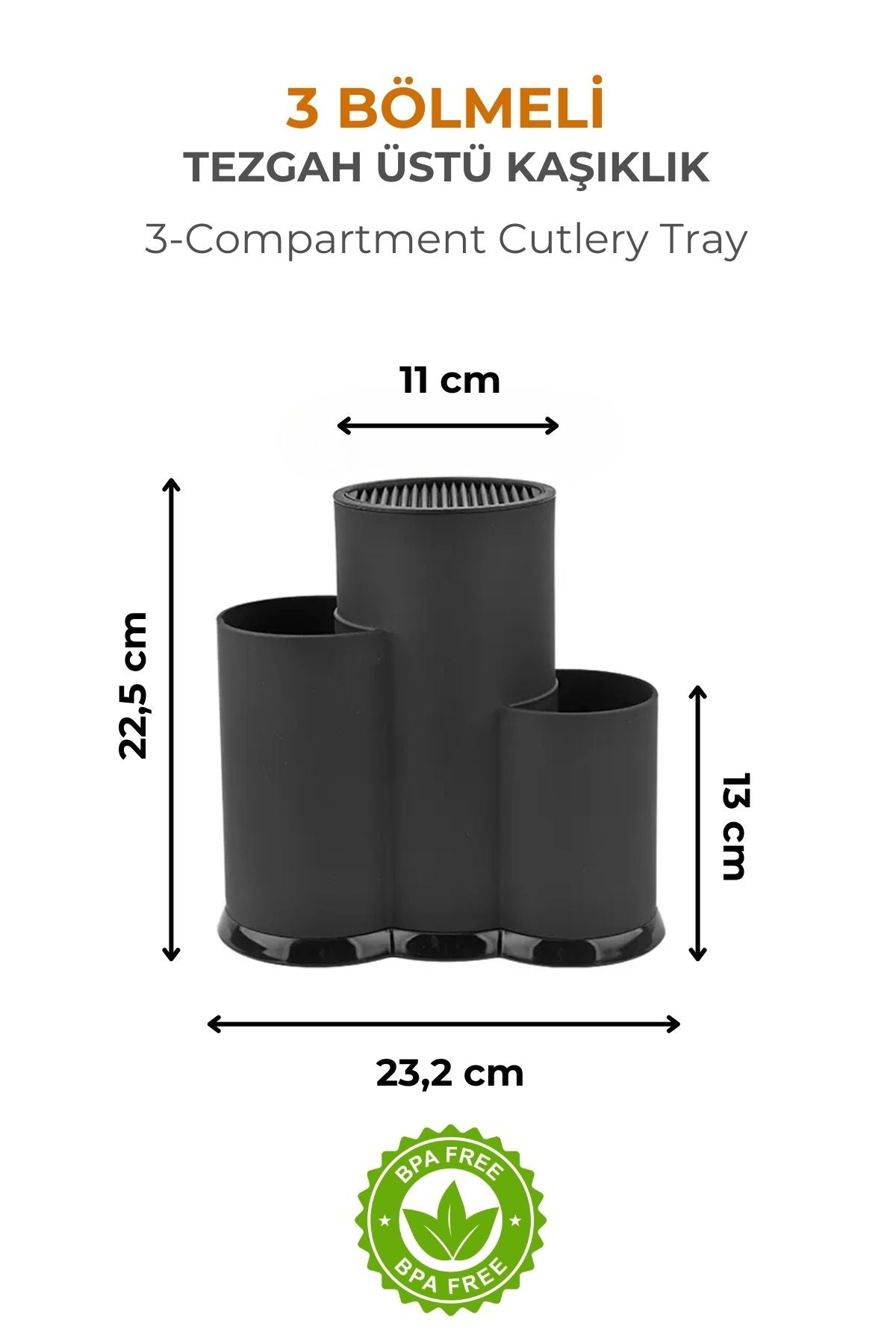 3 Bölmeli Tezgah Üstü Kaşıklık, Bıçak Standı, Siyah