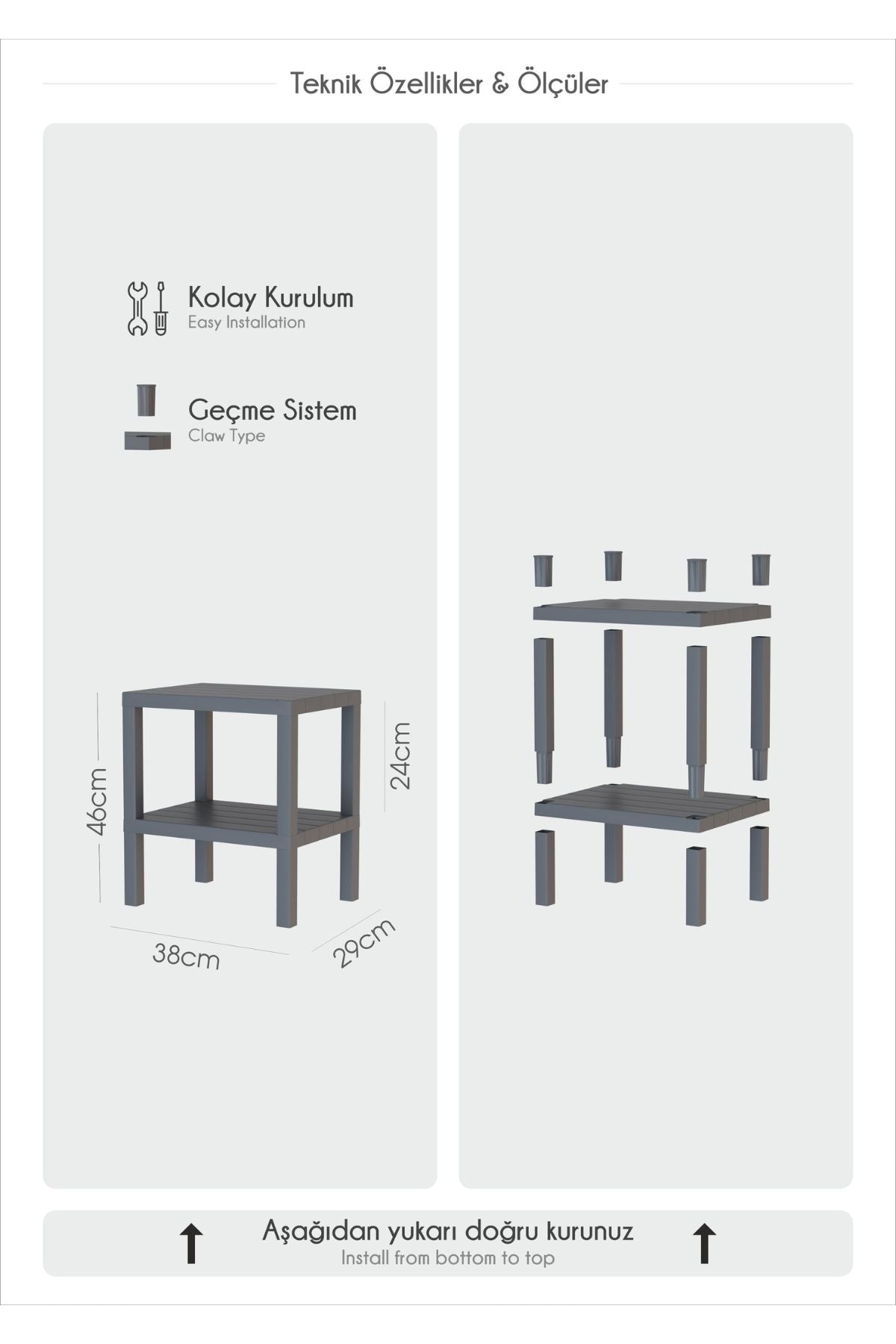 Omaş 2 Katlı Dikey Raf, Plastik Sehpa, Balkon Rafı, Saksılık, Banyo Mutfak Rafı, Beyaz