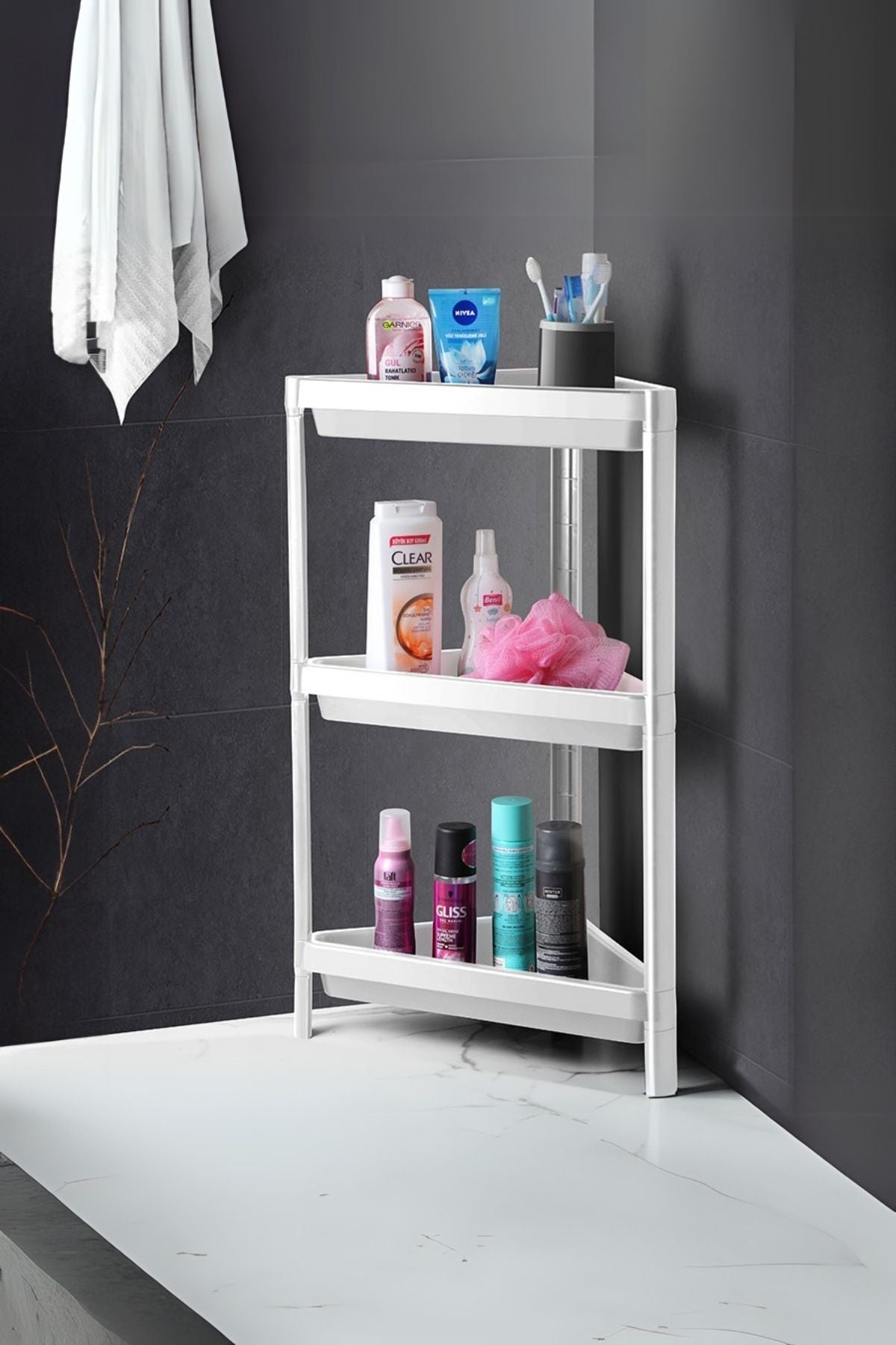Üçgen Köşelik 3 Katlı Banyo Rafı, Banyo Köşe Düzenleyici, Bölmeli Raf Ünitesi