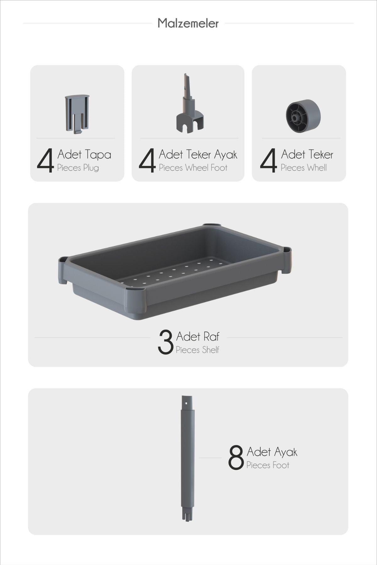 Omaş 3 Katlı Tekerlekli Mutfak Rafı, Terek, Banyo Rafı, Siyah