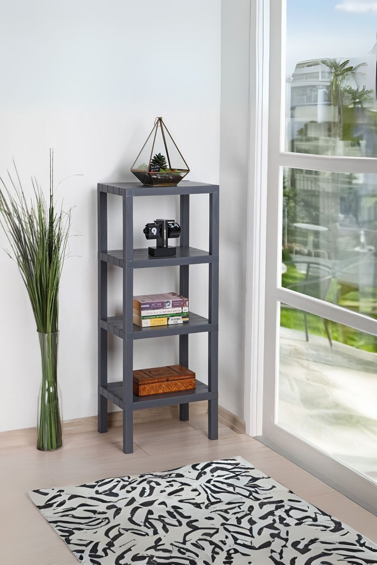 Omaş 4 Katlı Dikey Raf Düzenleyici Plastik Raf Ünitesi Siyah, Kitaplık, Banyo, Mutfak Rafı, Gri