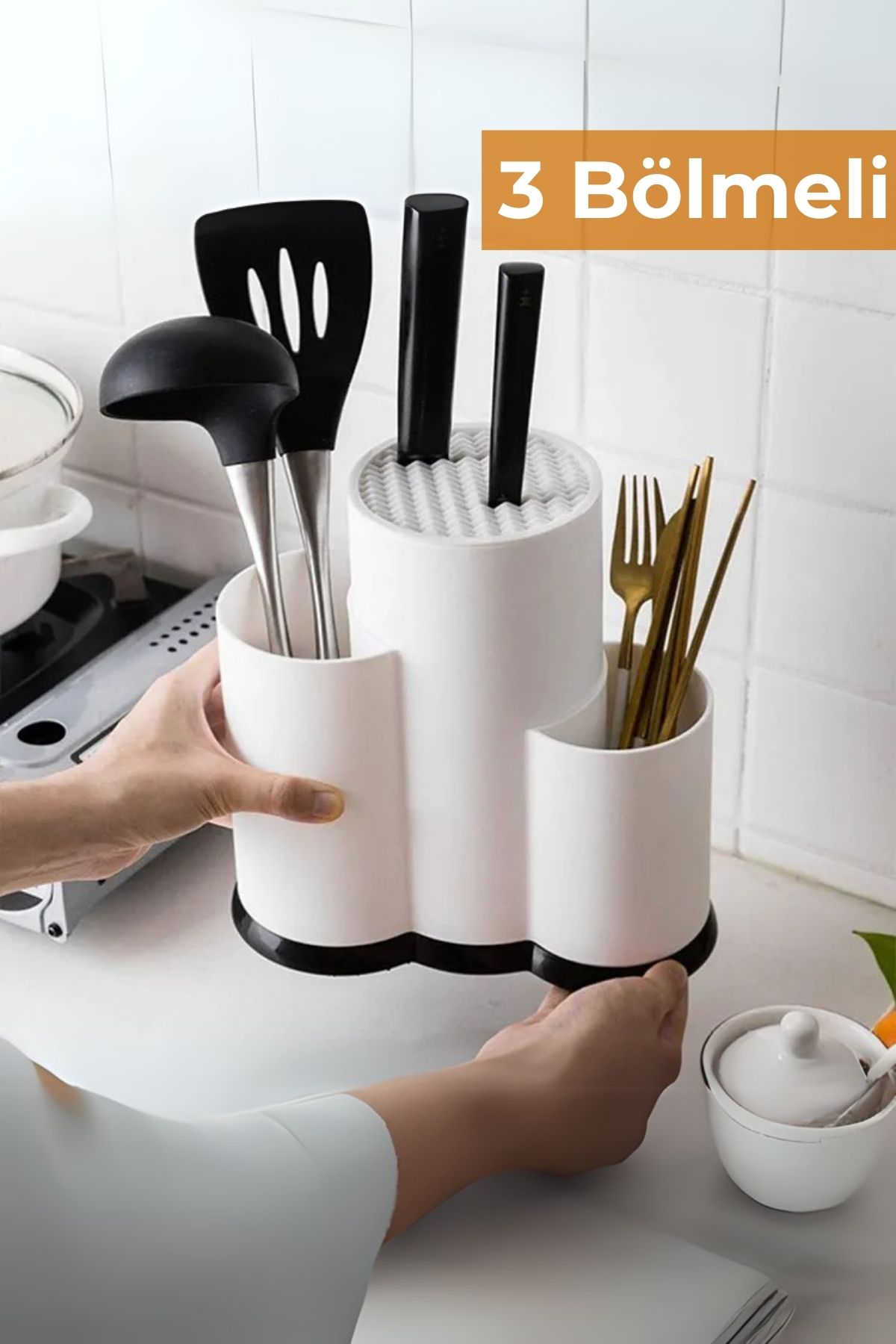 3 Bölmeli Tezgah Üstü Kaşıklık, Bıçak Standı, Beyaz