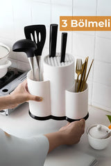 3 Bölmeli Tezgah Üstü Kaşıklık, Bıçak Standı, Beyaz
