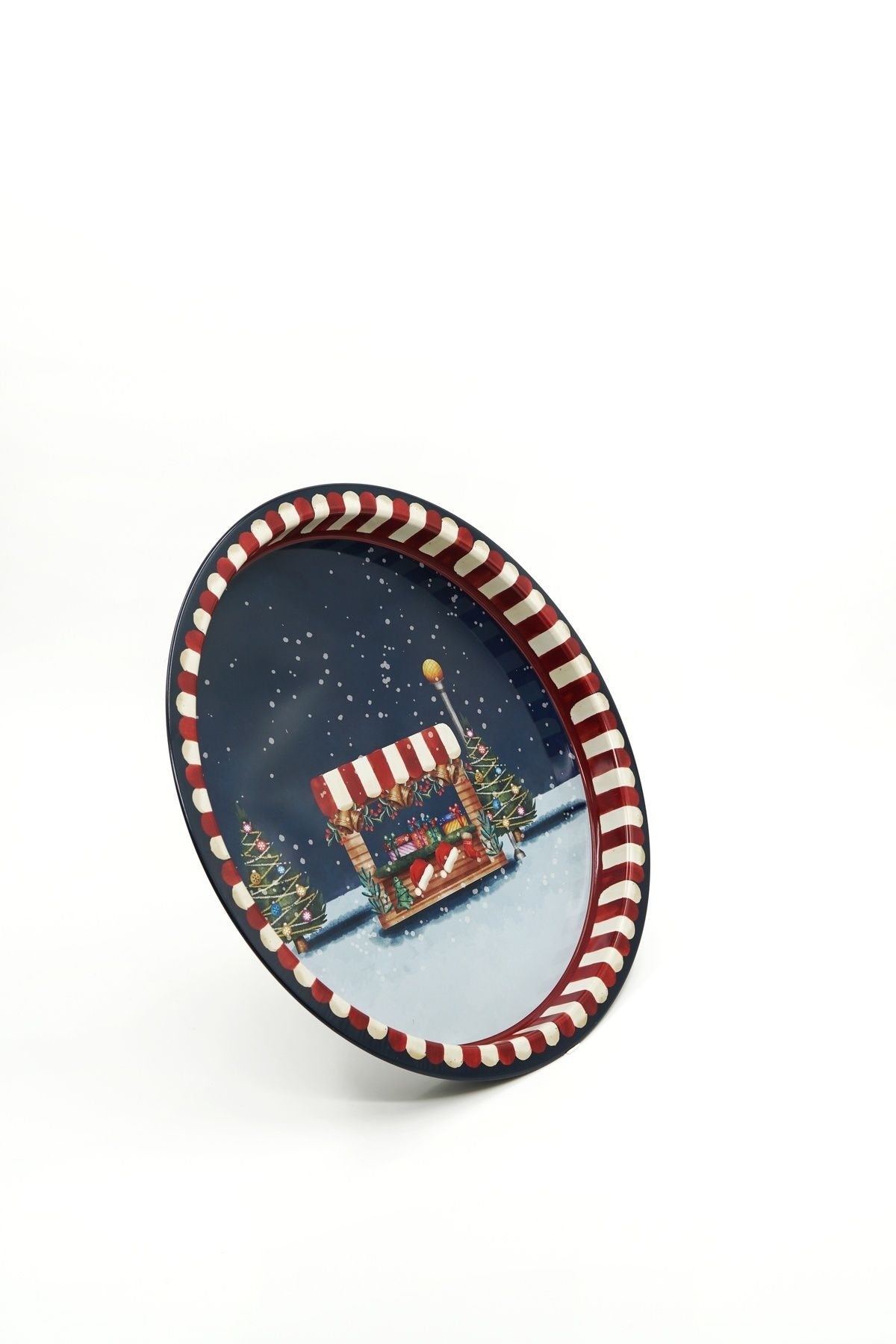 Winter Desenli Yuvarlak Metal Tepsi, 31,5 cm