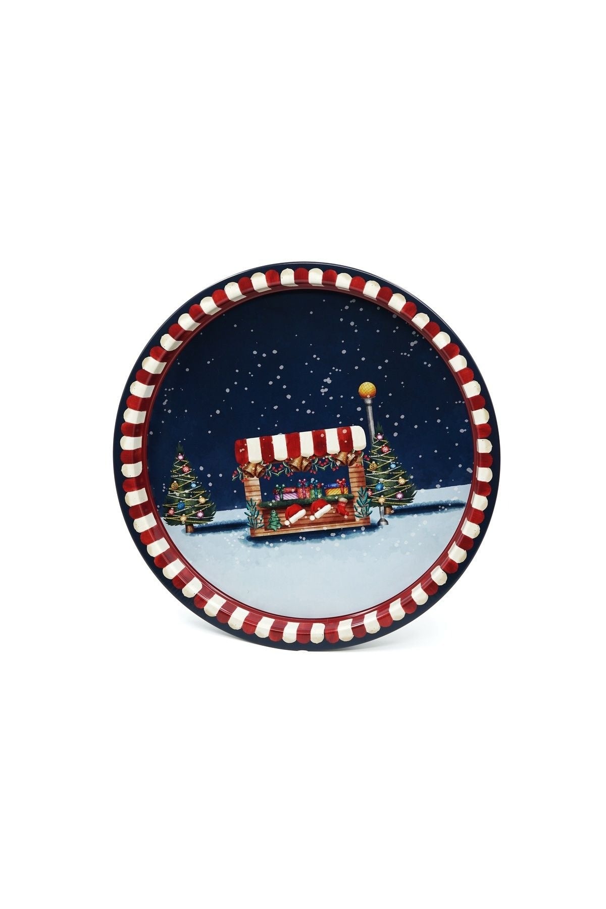 Winter Desenli Yuvarlak Metal Tepsi, 31,5 cm