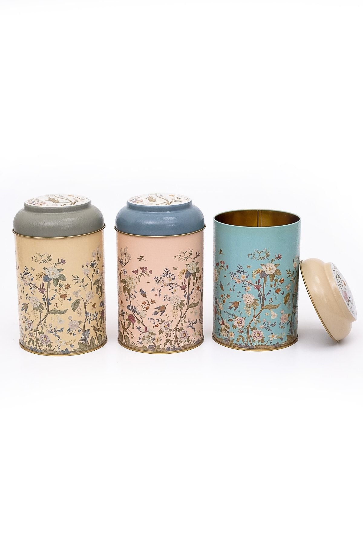 Flora Desenli 3'lü Yuvarlak Metal Saklama Kabı Seti, 10,5 x 15 cm, 1,1 lt