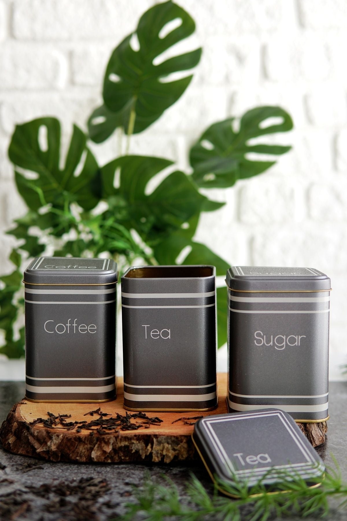 Helsinki Desenli 3'lü Kare Metal Saklama Kabı Seti, 8,7 x 8,7 x 12,5 cm, 1 lt