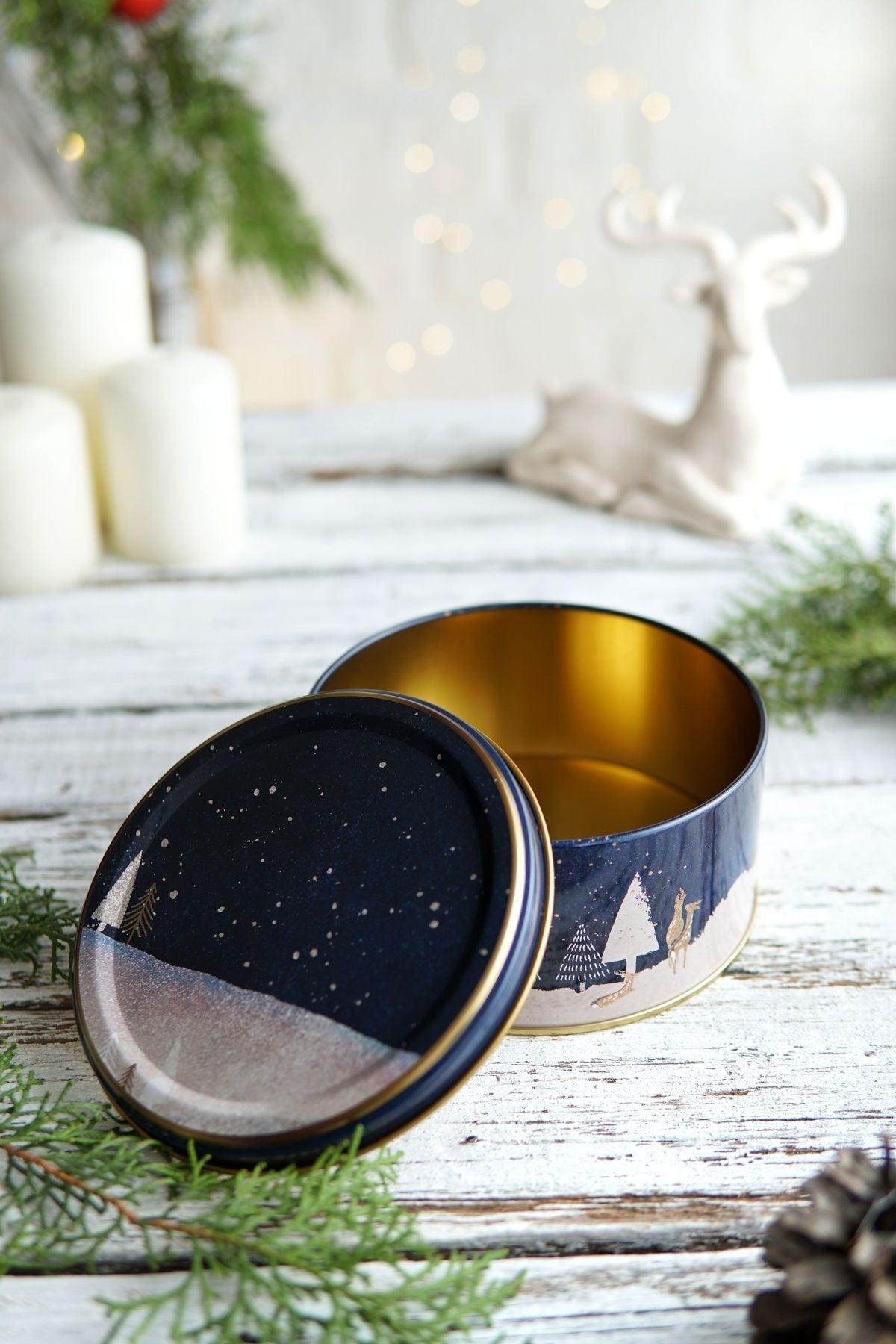 Winter Deer Desenli 2'li Metal Saklama Kabı Seti, 1,9 lt + 1,1 lt