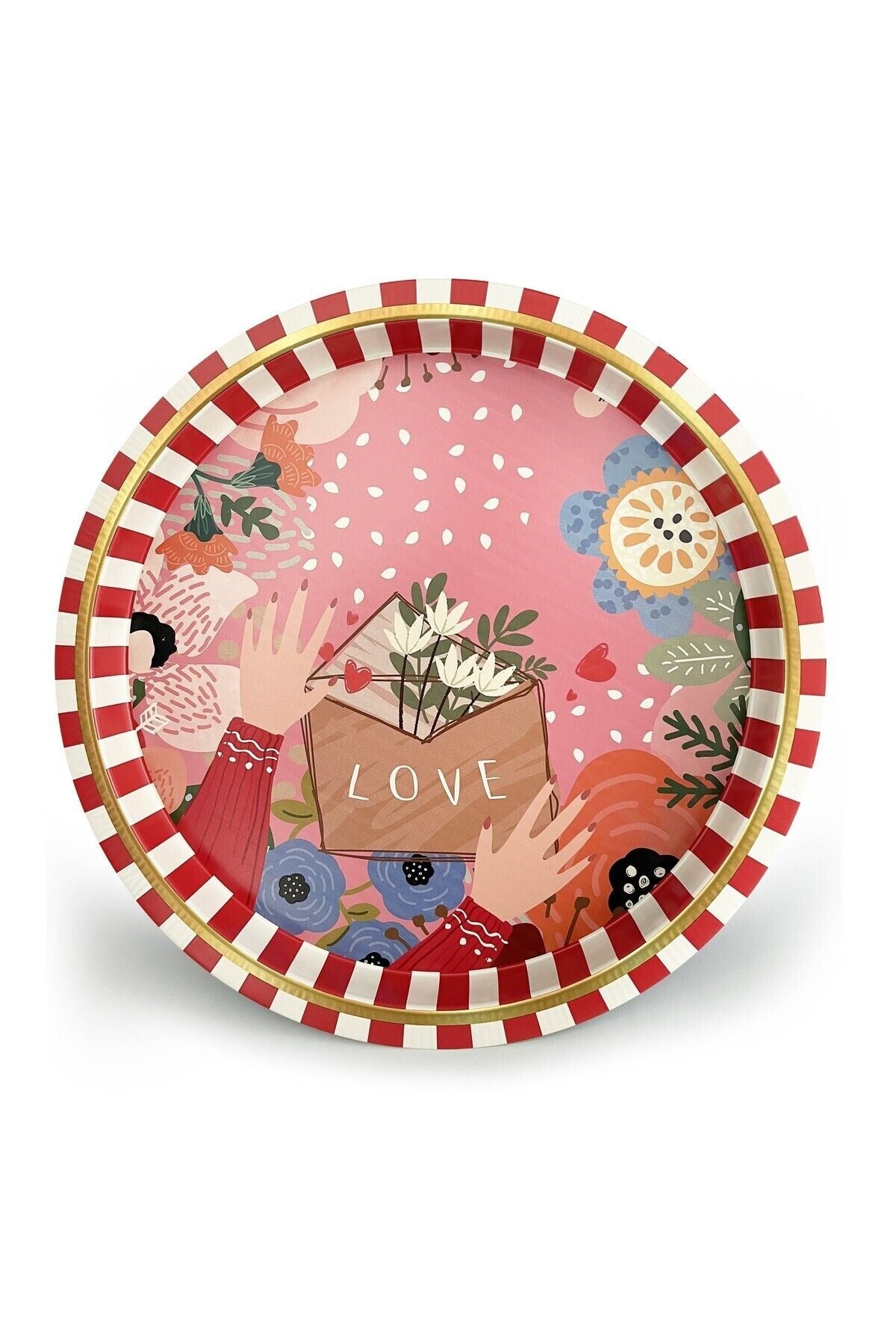 Love Desenli Yuvarlak Metal Tepsi, 31,5 cm