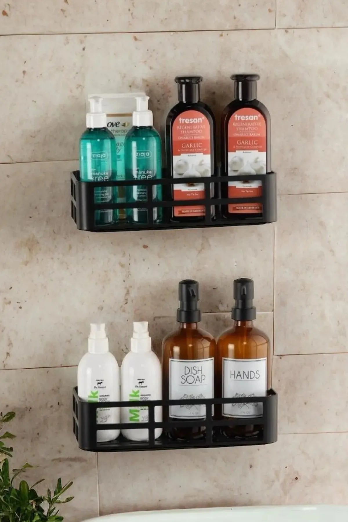 Omaş 2'li Set Banyo Duş Rafı Şampuanlık, Sabunluk Siyah YAPIŞKANLI Duş Organizer Suya Dayanıklı Plastik