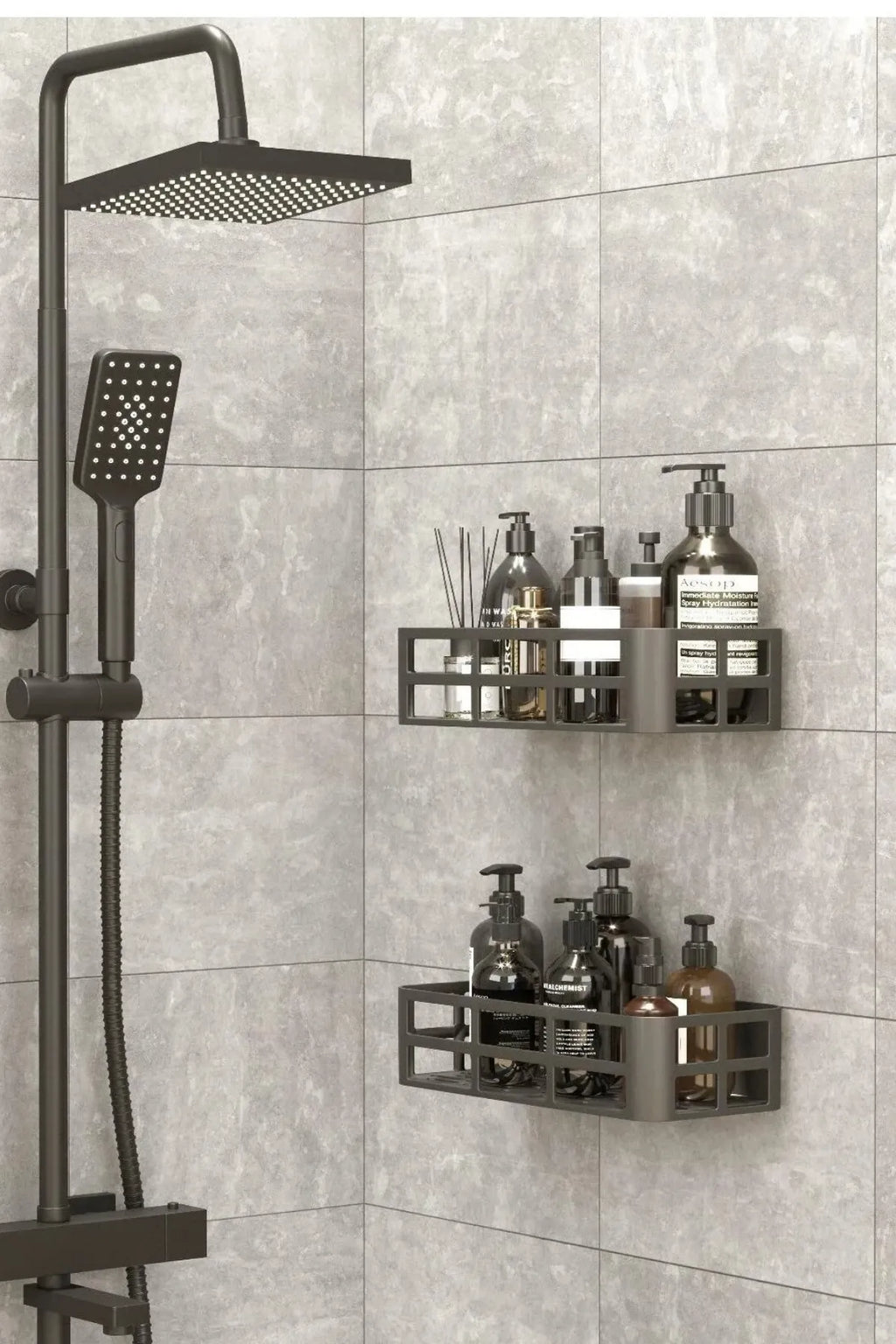 Omaş 2'li Set Banyo Duş Rafı Şampuanlık, Sabunluk Siyah YAPIŞKANLI Duş Organizer Suya Dayanıklı Plastik