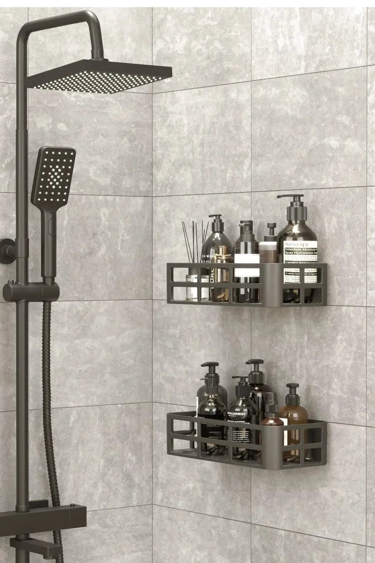 Omaş 2'li Set Banyo Duş Rafı Şampuanlık, Sabunluk Siyah YAPIŞKANLI Duş Organizer Suya Dayanıklı Plastik