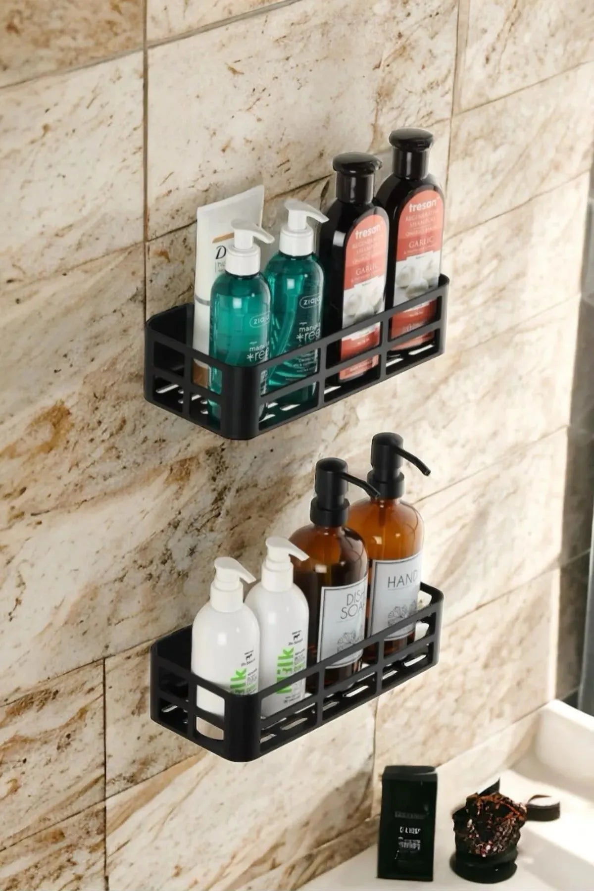 Omaş 2'li Set Banyo Duş Rafı Şampuanlık, Sabunluk Siyah YAPIŞKANLI Duş Organizer Suya Dayanıklı Plastik