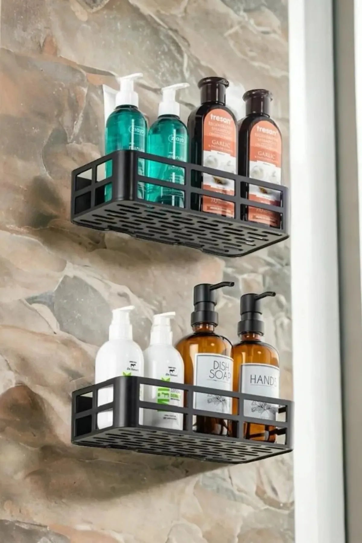 Omaş 2'li Set Banyo Duş Rafı Şampuanlık, Sabunluk Siyah YAPIŞKANLI Duş Organizer Suya Dayanıklı Plastik