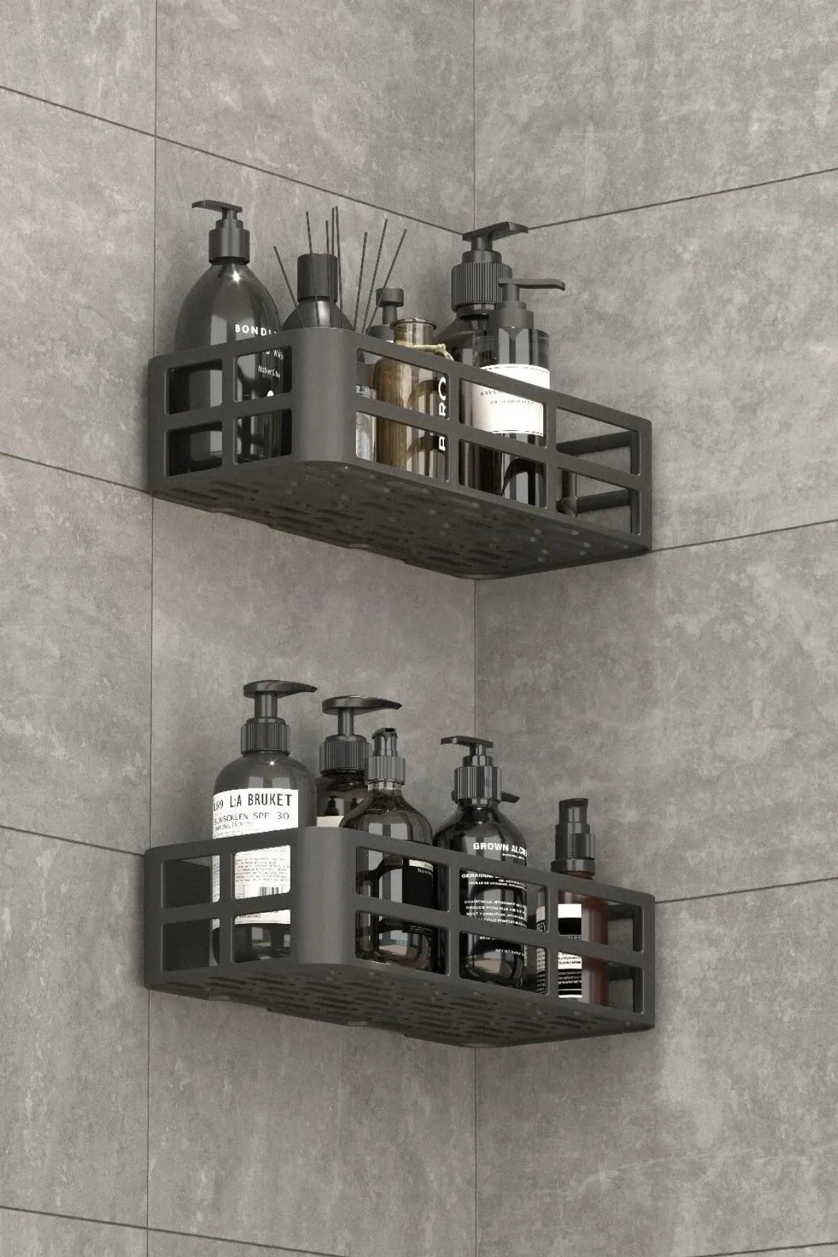 Omaş 2'li Set Banyo Duş Rafı Şampuanlık, Sabunluk Siyah YAPIŞKANLI Duş Organizer Suya Dayanıklı Plastik